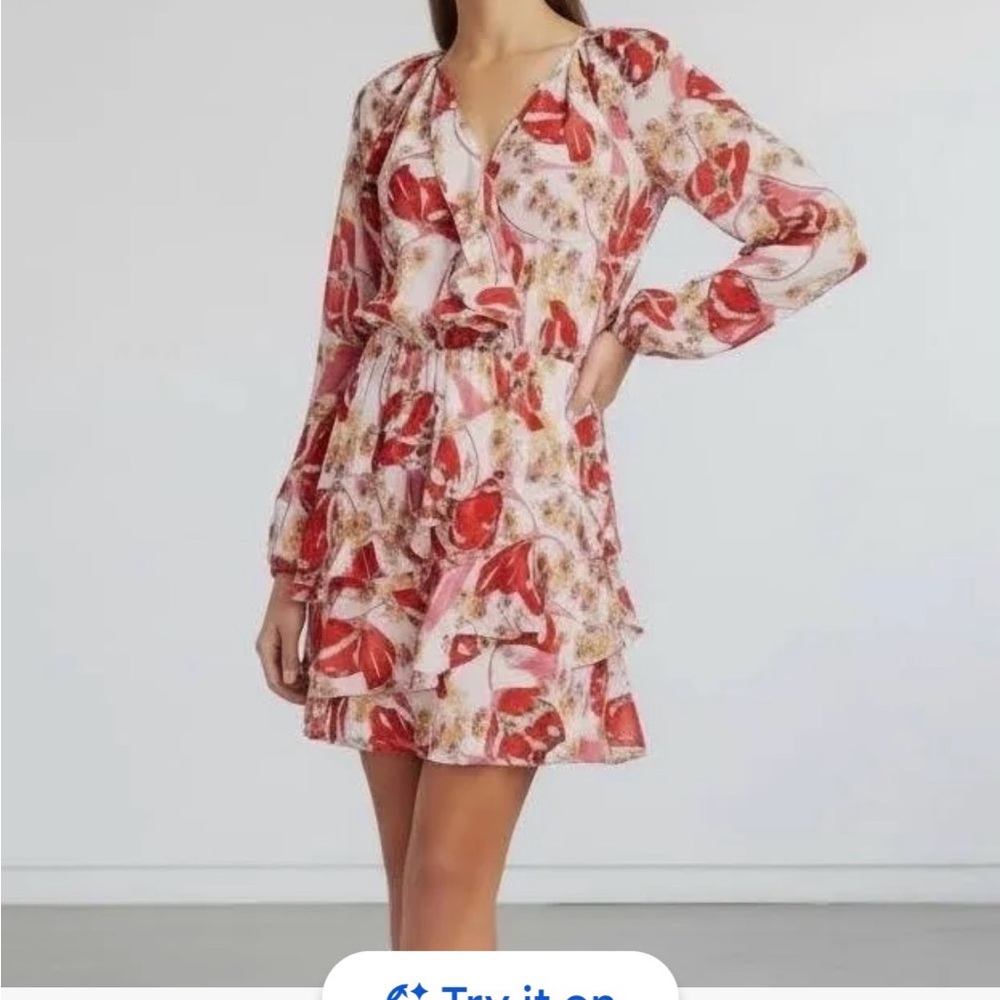 Parker Tiered Long-Sleeve silk Floral Mini Dress in Red/Pink size medium
